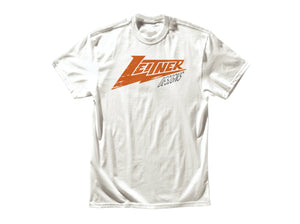WHITE TSHIRT WITH ORANGE LEITNER BOLT LOGO