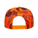 REAR VIEW NEON ORANGE CAMO FOAM TRUCKER HAT WITH BLACK LEITNER LOGO