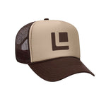 FRONT VIEW BROWN AND TAN FOAM TRUCKER HAT WITH BROWN LEITNER LOGO